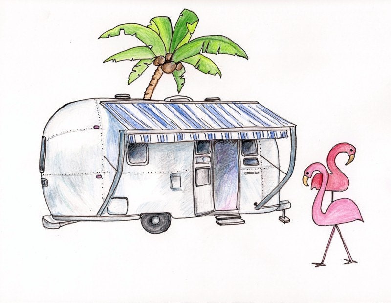 Airstream with Flamingoes Print of Colored Pencil Drawing