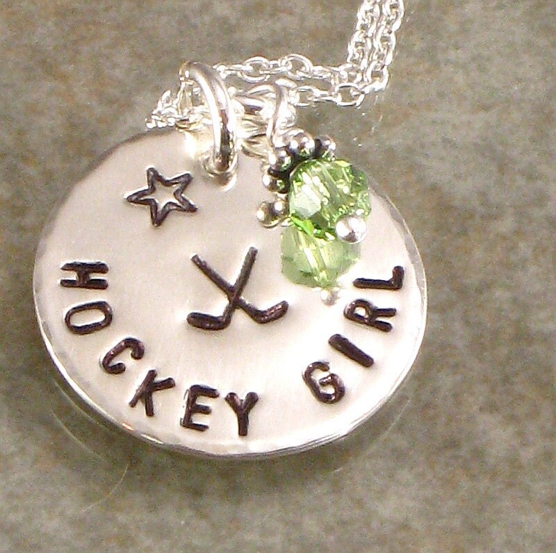 Hand Stamped Hockey Girl Necklace with Hockey Sticks