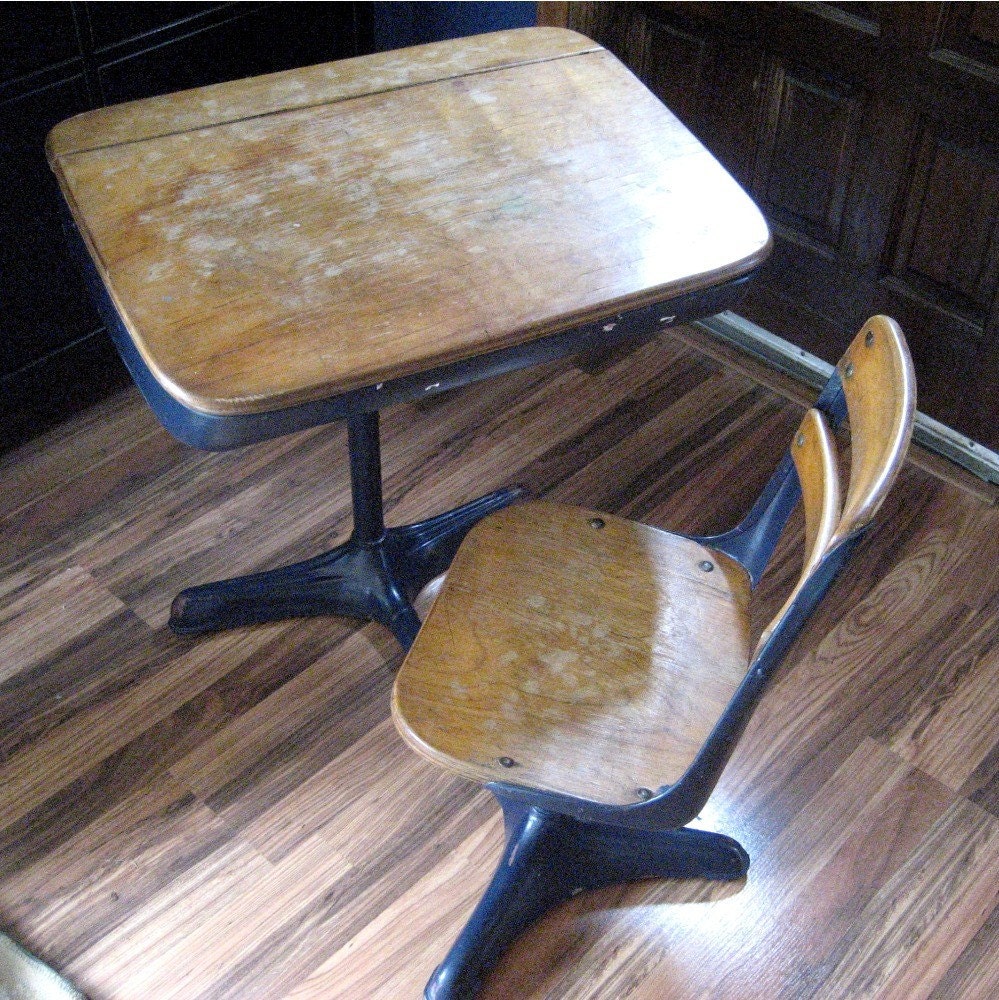Vintage Student School Desk Metal Wood