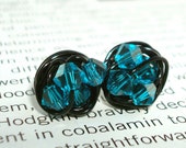 Petite Blue Zircon- Wire Wrapped Studs Earrings- Blue zircon (bright teal) Swarovski Crystal Bead and Black wire Stud Earrings