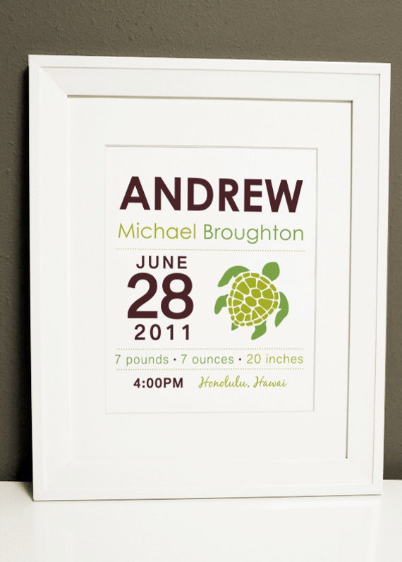 8 x 10 - Custom Birth Print - SEA TURTLE - Wall art Il_570xn