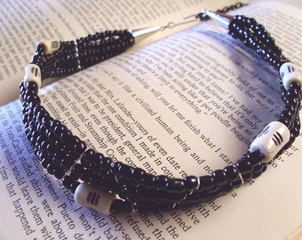 beaded gothic choker black with ivory bone beads