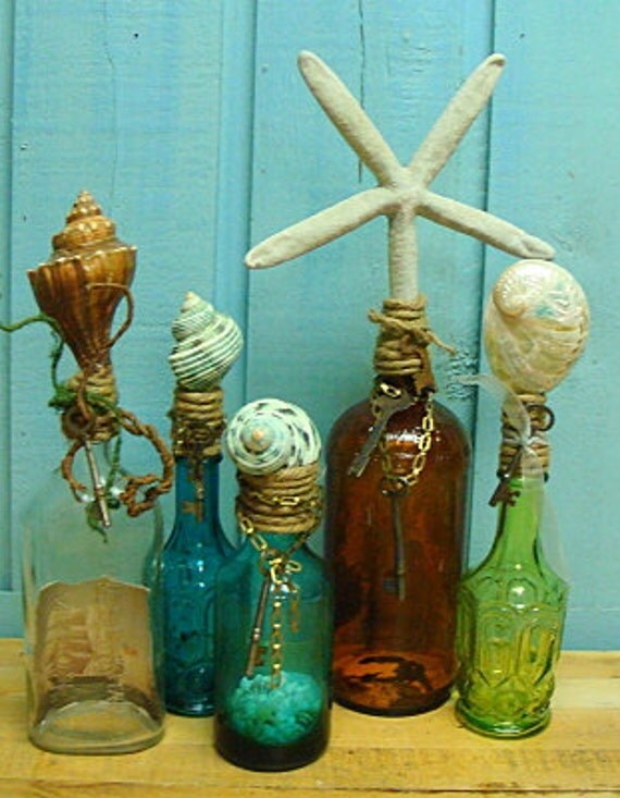 Vintage Apothecary Bottle Sea Green Avon Abalone Seashell and Skeleton Key