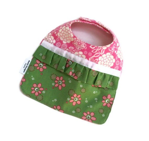 Baby Girl Bib in Flannel and Cotton with Flower Ruffle