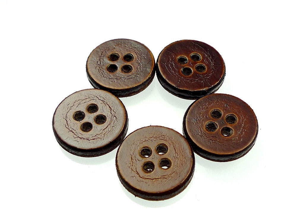 Leather buttons, brown four holes handmade