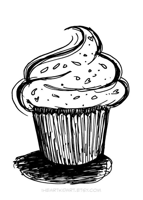 Items similar to Cupcake Illustration Kid Art Print in Black and White