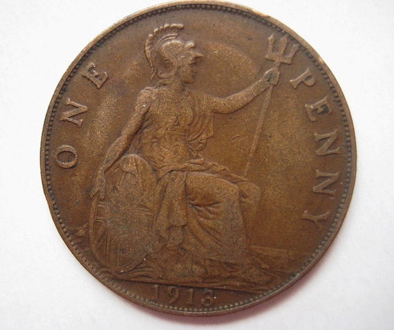 1913 United Kingdom Bronze Coin One Penny King V