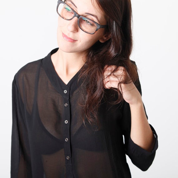 black and white sheer button front blouse
