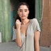 Women summer top ,Open women neck v blouse, gray women shirt