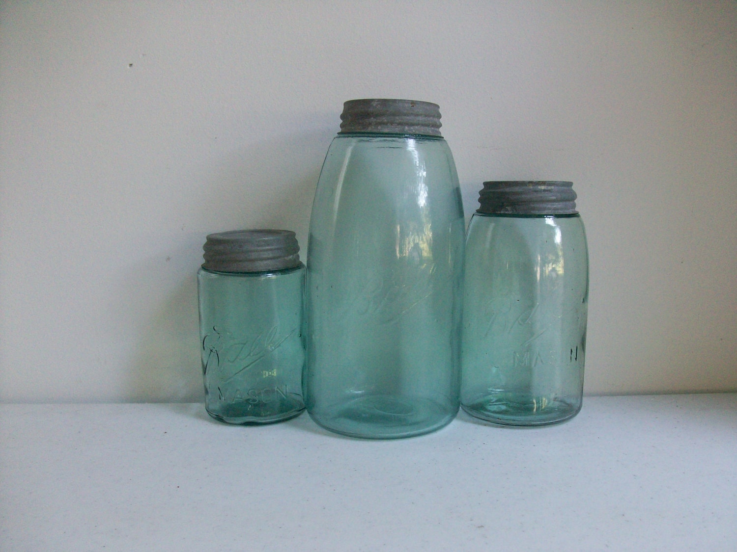 3 Old Blue Glass Ball Jars Zinc Lids Half Gallon Quart Pint