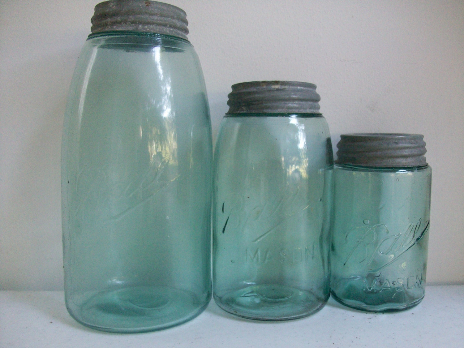 3 Old Blue Glass Ball Jars Zinc Lids Half Gallon Quart Pint