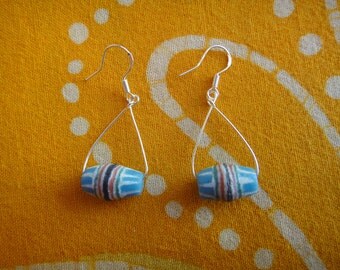 African Pattern Blue Glass Bead Teardrop Earrings