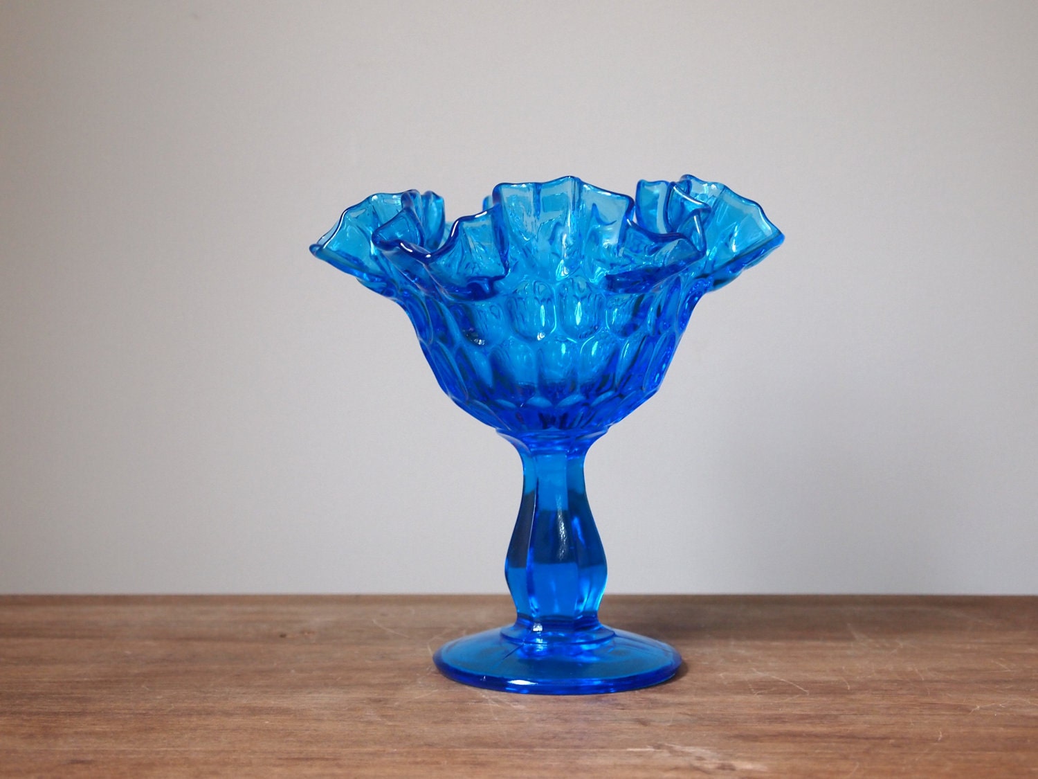 blue glass ruffled compote dish Fenton vintage candy dish