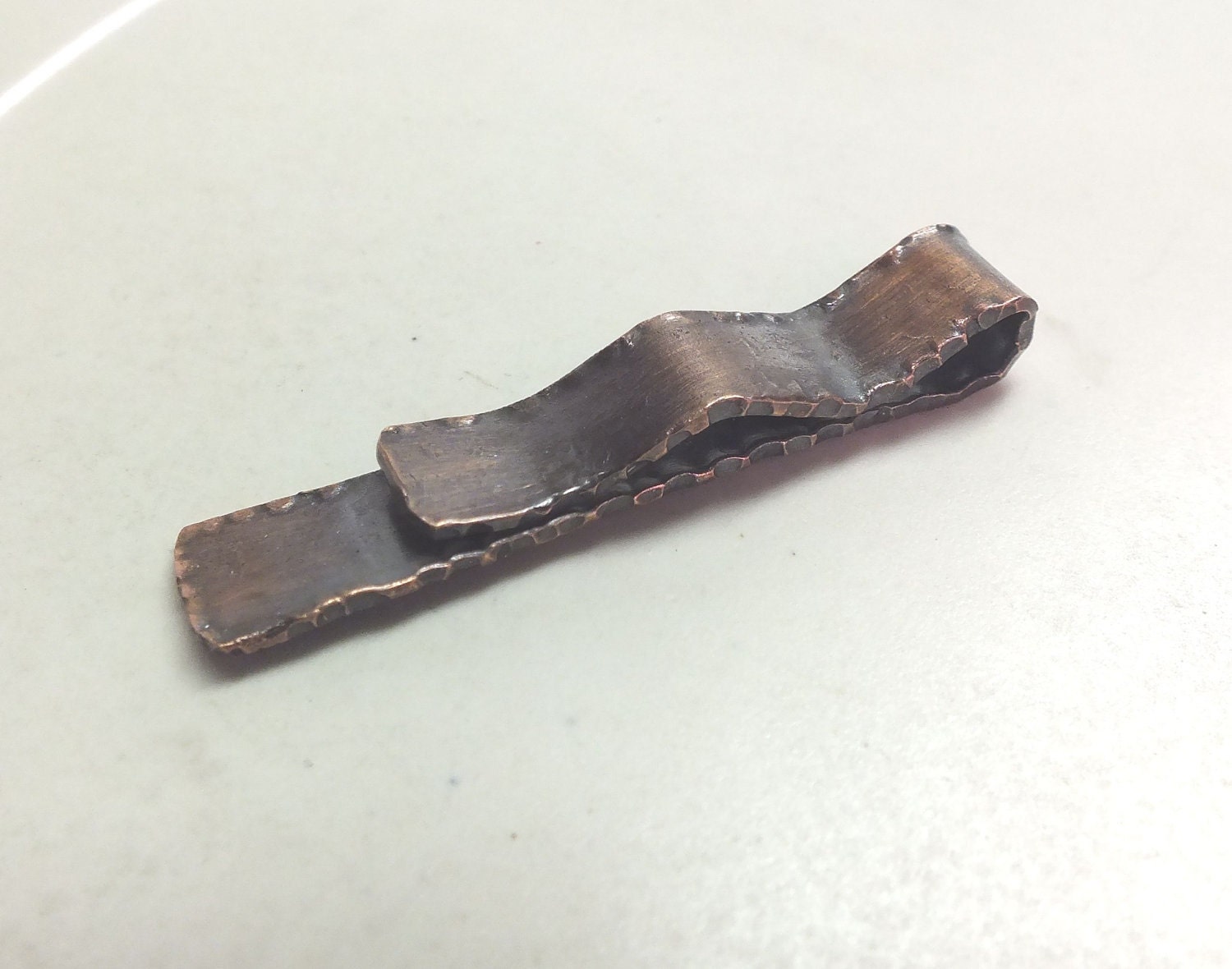 Mens Copper Tie ClipTextured with Pleated Edging in Antique