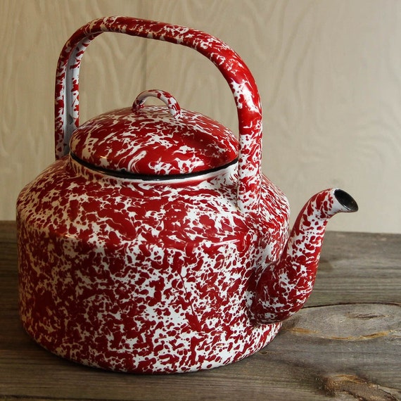 Vintage red and white enamel tea pot