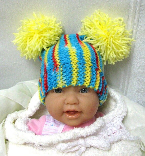 Aqua and Yellow Baby Hat Aqua & Yellow Baby PomPom Hat Baby