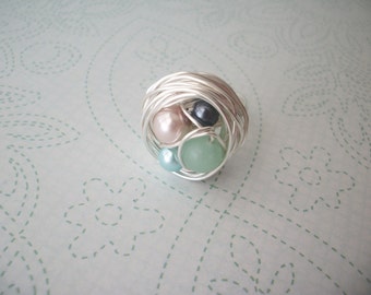 Silver bird's nest ring (multicolored beads)-any size