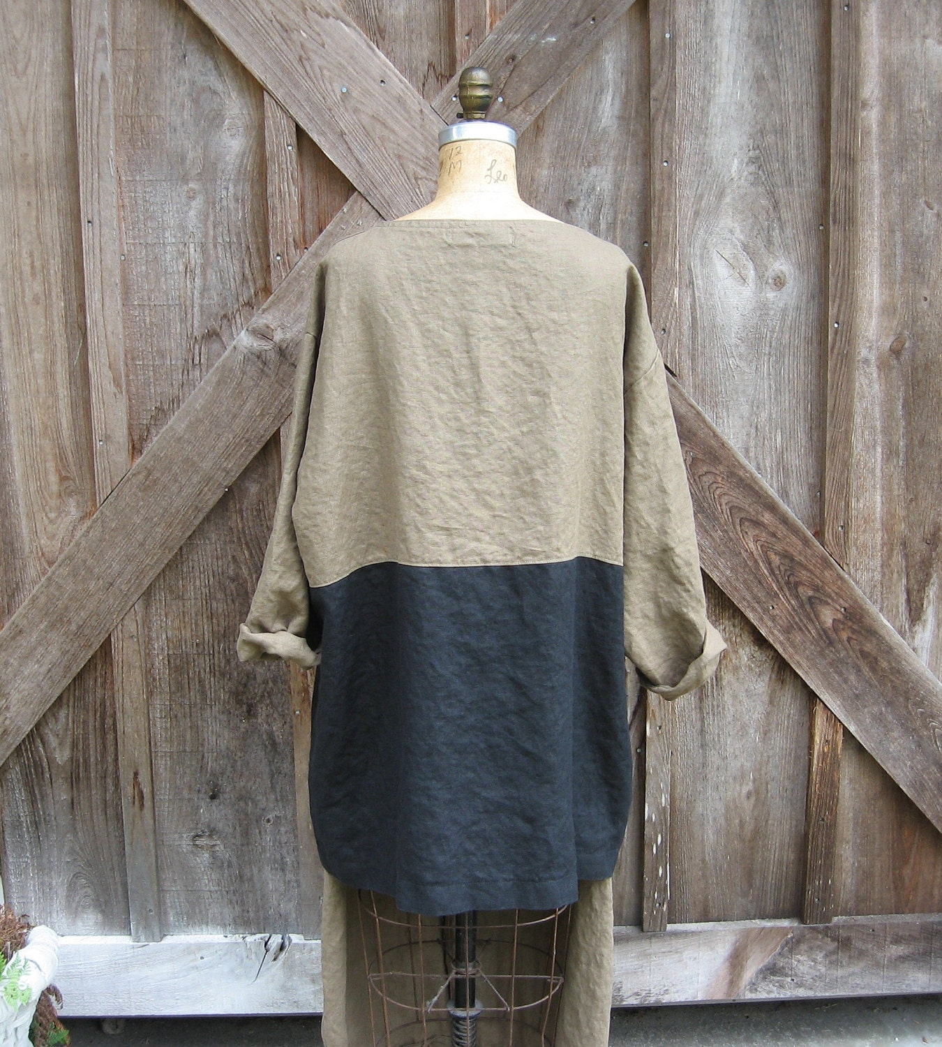 linen tunic top blouse in cocoa brown and black with rose pouf