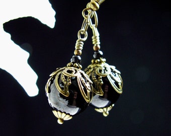 Steampunk Earrings Polished Jet Black Onyx Gemstone Antiqued Bronze Filigree Titanic Temptations Vintage Victorian Bridal Style 11025