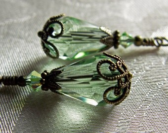 Chrysolite Lime Green Crystal Victorian Earrings, Antiqued Brass Filigree Dangle Drops, Titanic Temptations Edwardian Bridal Style 11011