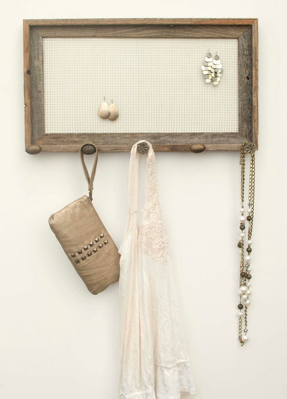 Barnwood Jewelry Holder with Brown Knobs White 10 x 20