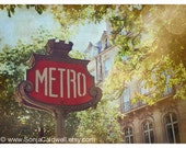 Paris Metro - metropolitain sign photograph, with chestnut trees in bloom, Springtime in Paris 9x12 Original Fine Art Photograph