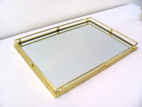 Vintage mirrored tray vanity tray with gold floral frame