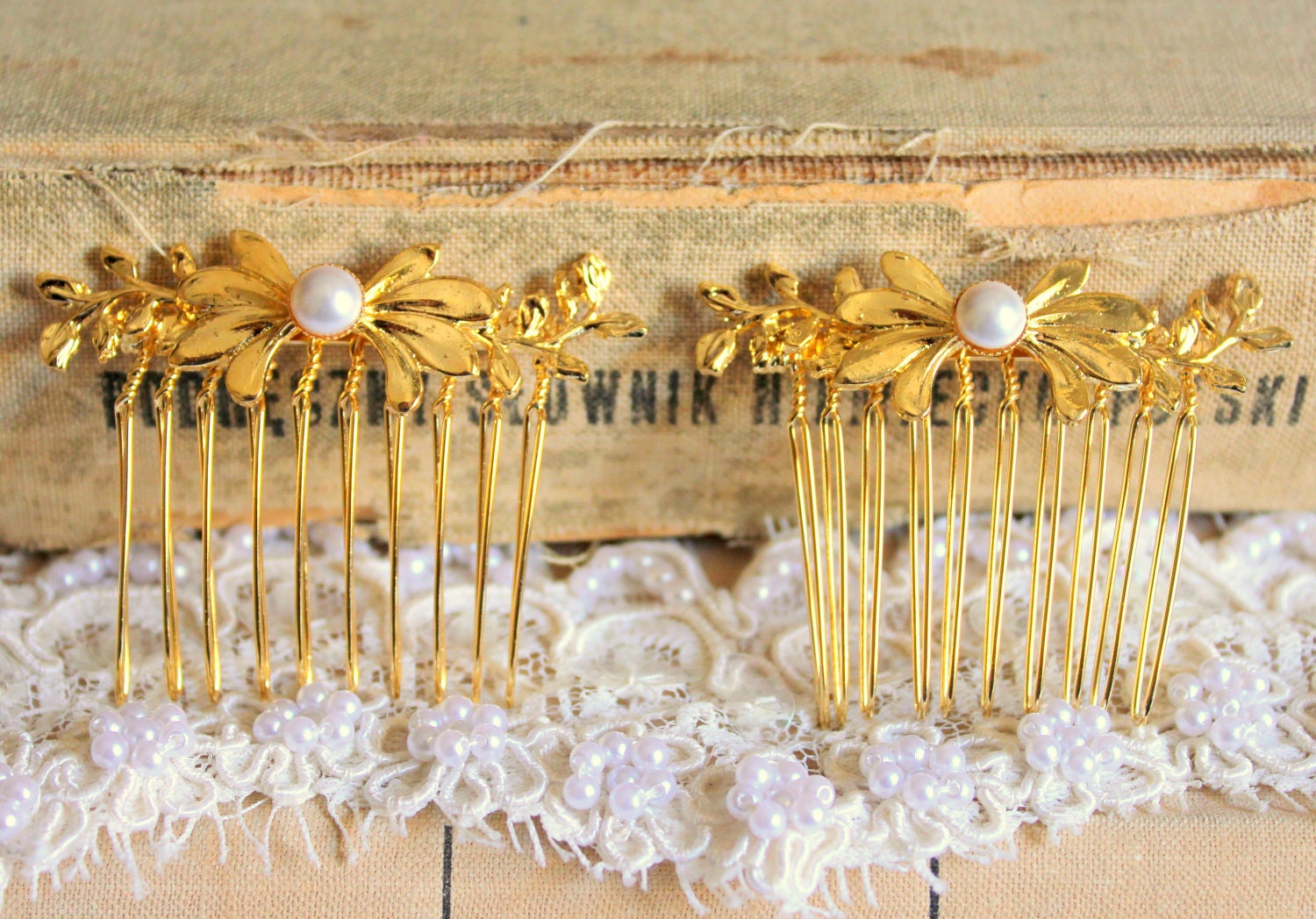 Gold Lace and pearls Bridal hair comb Victorian by iloniti