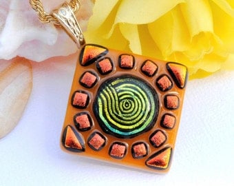 Dichroic Pendant, Fused Glass Jewelry, Summer, Orange, Gold, Fun, Party, Swirl, Mosaic Art (Item 10312-P)