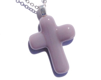 Cross Pendant, Fused Glass Jewelry, Glass Pendant, Jesus Christ, Faith, Hope, Love, Spiritual, Youth, Light Plum, Pastel (Item 10422-P)