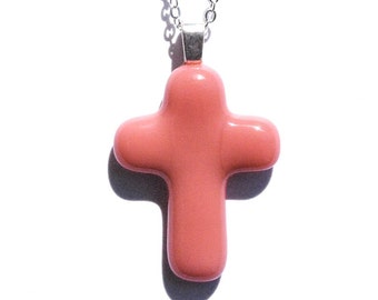 Cross Pendant, Fused Glass Jewelry, Glass Pendant, Jesus Christ, Faith, Hope, Love, Spiritual, Dusty Rose, Youth (Item 10418-P)