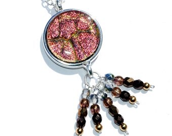 Dichroic Glass Pendant, Czech Beads, Woodland, Bohemian, Fused Glass Jewelry Necklace, Boho, Coral Peach Brown (Item 10435-P)