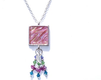 Dichroic Pendant, Swarovski, Boho, Fused Glass Jewelry, Square, Sterling Silver Beads, Dusty Rose, Glass Chips, Leaf (Item 10442-P)