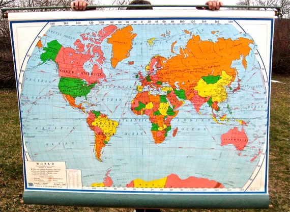 Vintage Pull Down Canvas World Map