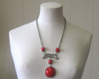 KRAMER Vintage Mod Pendant Necklace, Silver Tone, Red Cabochons, 1970's Modernist Necklace