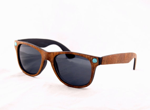 Handcrafted Wood Veneer Sunglasses // Mahogany and Turquoise