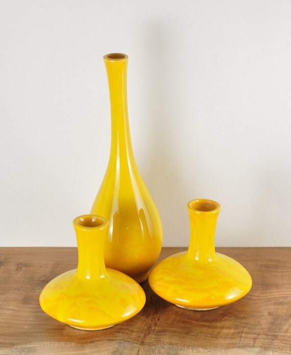 Set of 3 Bright Yellow Vases Mid Century