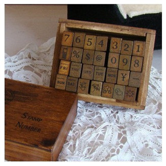 Wooden Rubber Stamp Box Vintage Style Diary Stamps 28 pcs