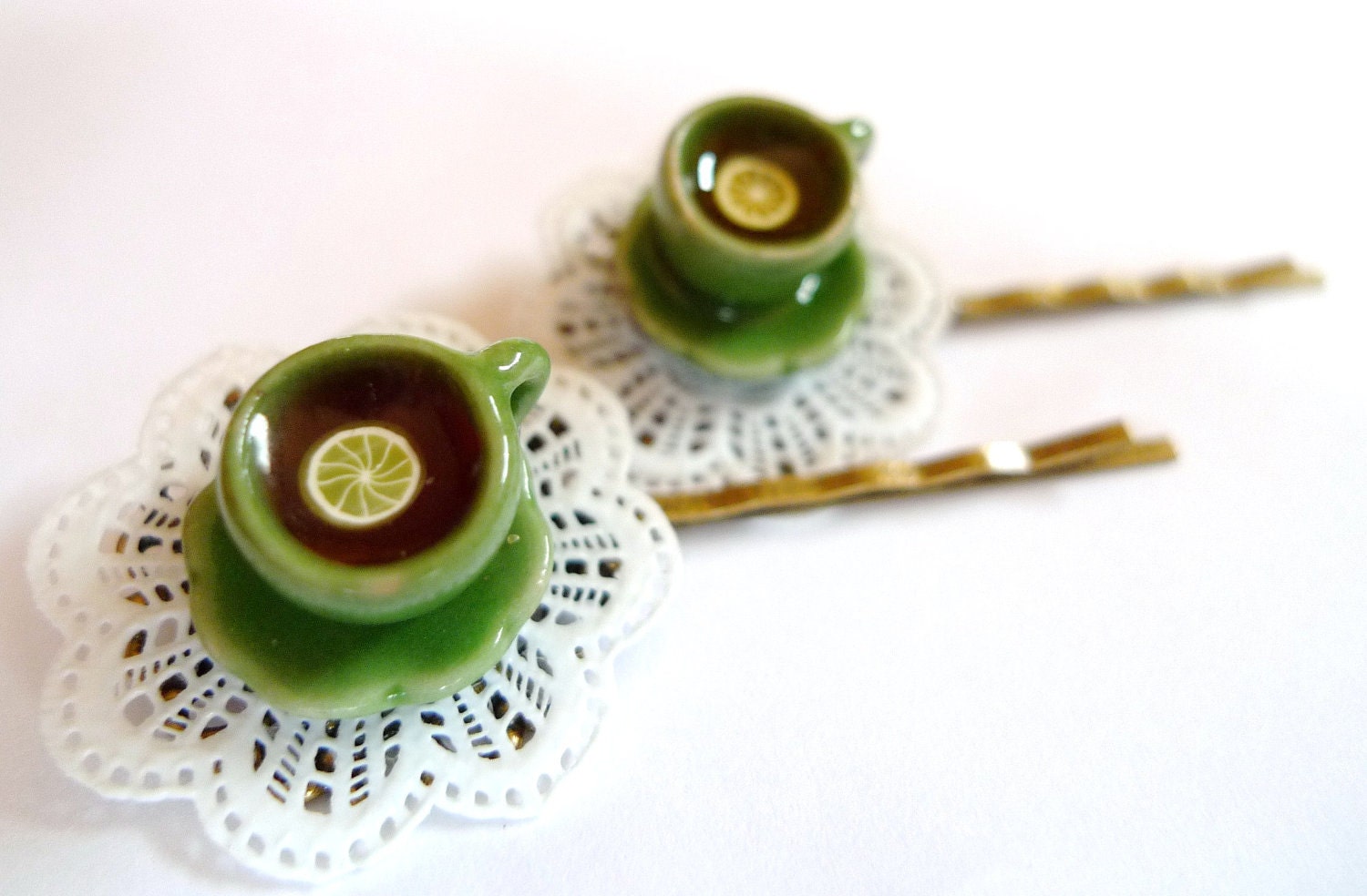 Afternoon Tea Hair Pins Clips Lemon Doily Cup Miniature Food