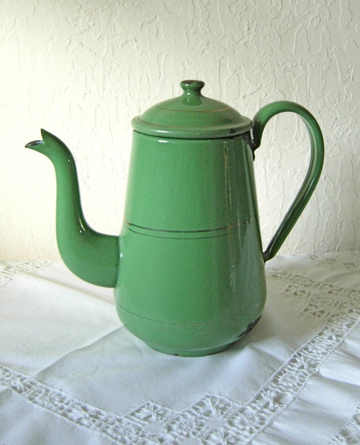 Antique Enamelware Green Coffee Pot