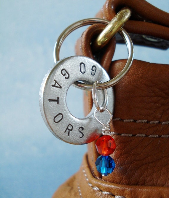 Items similar to Team Hand Stamped Washer Key Chain with Two Swarovski