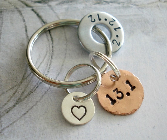 Runners Half Marathon Key Chain with a Copper Disc, Sterling Silver Disc and a Hardware Washer