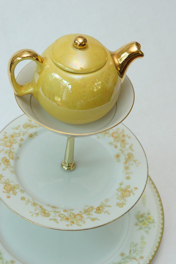 Funky Teapot Three Tiered Tea Stand with 1960s vintage china