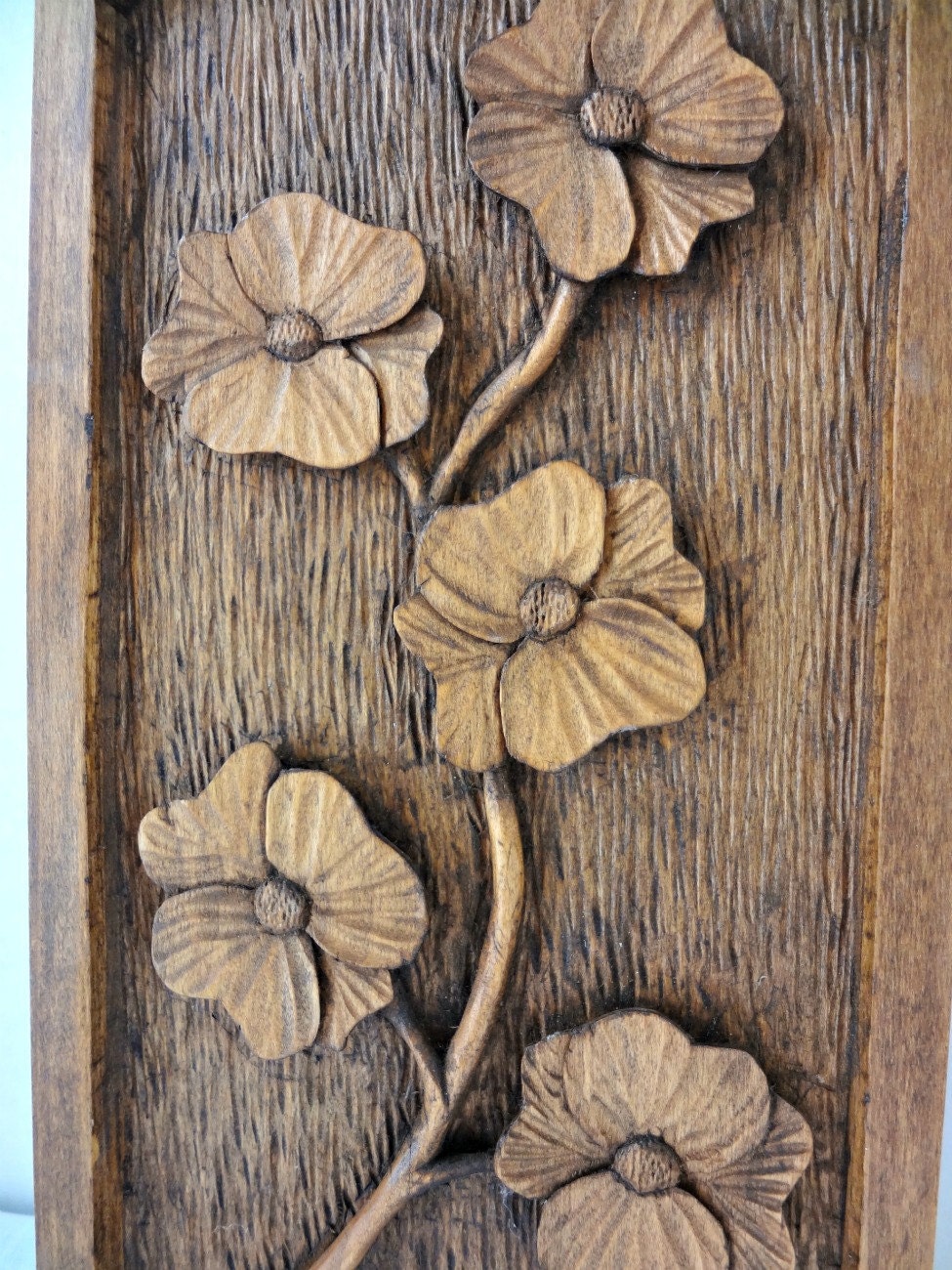 Vintage Hand Carved Wood Wall Hanging Flowers Botanicals