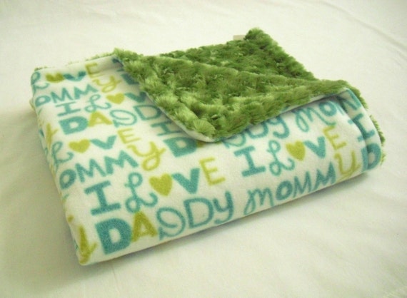 I Love Mommy/Daddy Baby Blanket with Super Soft Olive Minky
