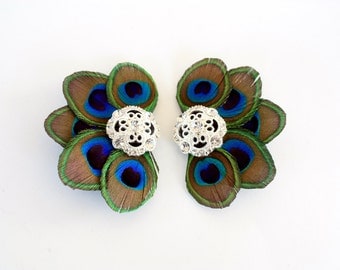 Hollywood - Peacock shoe clips / Bridal shoe clips / Feather shoe clips