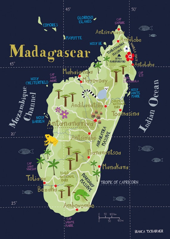 Items similar to Illustrated Map of Madagascar Limited Edition Print A3 / ca. 11.69 x 16.54 Fine ...