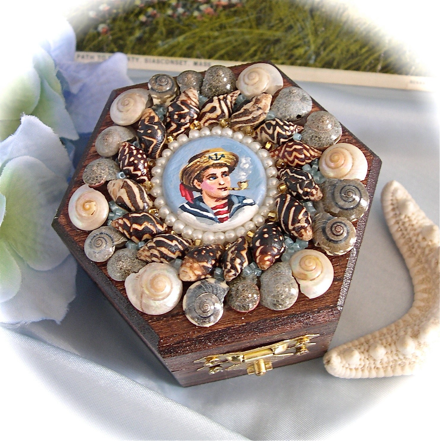 Sailor's Valentine Miniature Shell Box with hand painted
