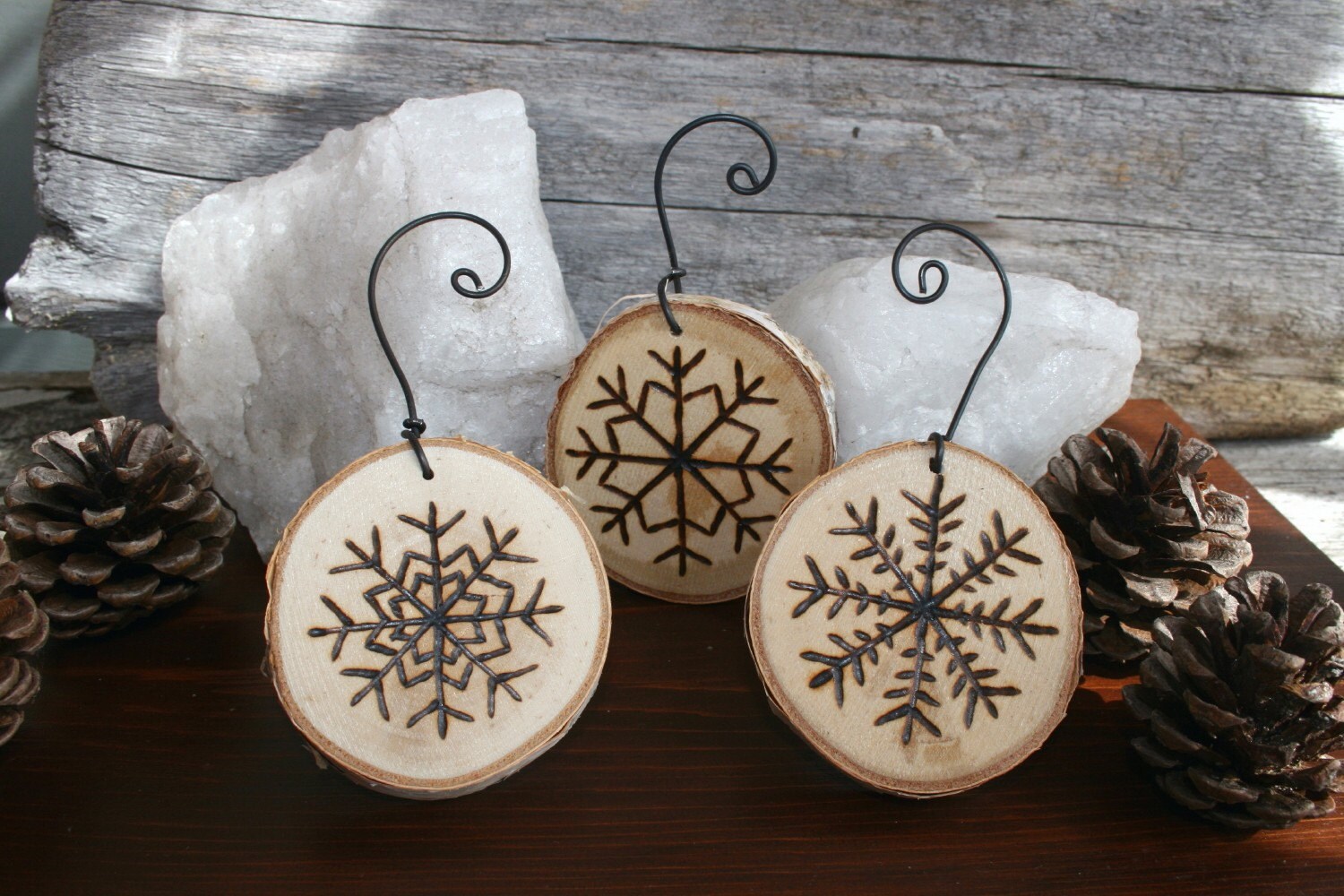 Snowflake Ornaments Set of 3 Woodburning on Birch