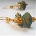 Frosted Teal Italian Lampwork Earrings, Handmade Beads Sparkling Quartz, Bali Gold Vermeil. Fashion Accessory, Your Daily Jewels